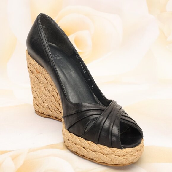 Stuart Weitzman Peep Toe Espadrille Wedge Heels Shoes 7M Black Leather - Picture 5 of 10